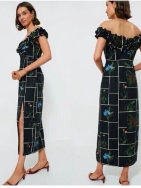 Tuckernuck Off-Shoulder Black Floral Grid Midi Dress